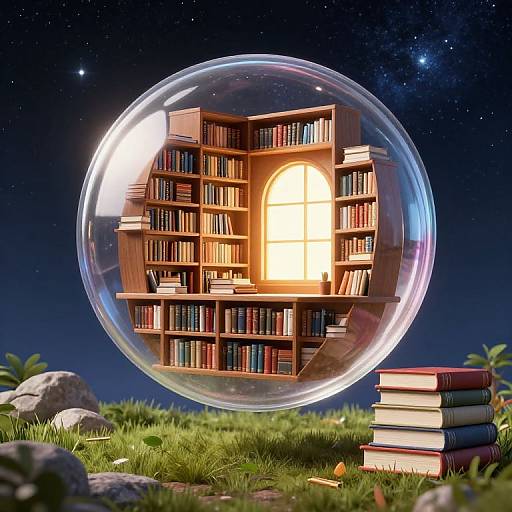 Digital illustration of a glowing book-filled glass sphere in a starry night sky, with grass and stacked books on the ground.