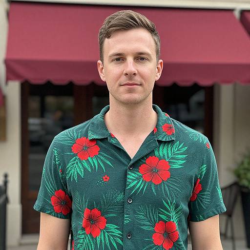 Photograph of a young man with short brown hair, wearing a dark green Hawaiian shirt with red and green floral patterns, standing in front of a red