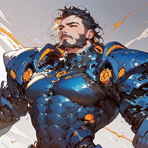 Digital illustration of a muscular, bearded man with dark hair in a vibrant blue, armor-like suit with orange accents, radiating energy against a white