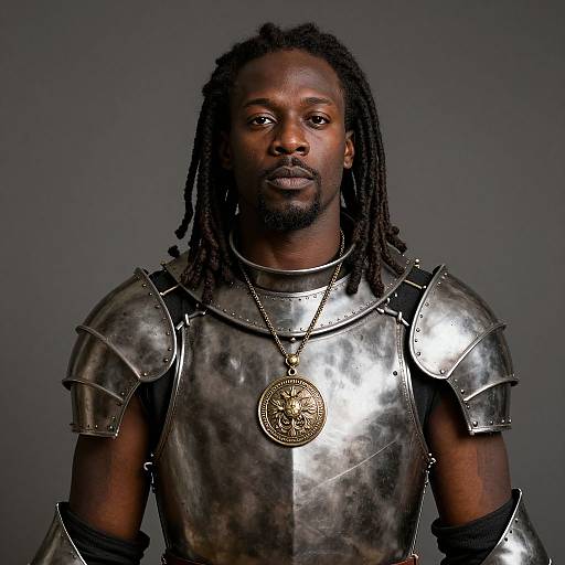 Photograph of a Black man with dreadlocks, wearing silver medieval armor and a lion pendant, against a dark gray background.