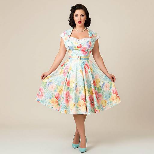 Photograph of a curvy woman with fair skin, black curly hair, red lipstick, wearing a colorful floral dress, pearl necklace, and turquoise heels