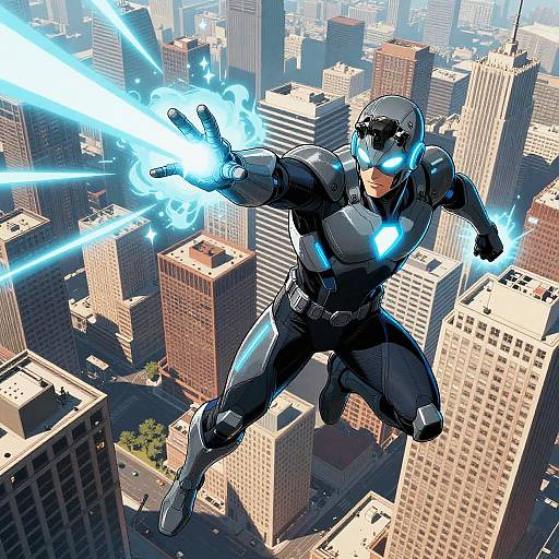 Dynamic Superhero Soaring Above Metropolis