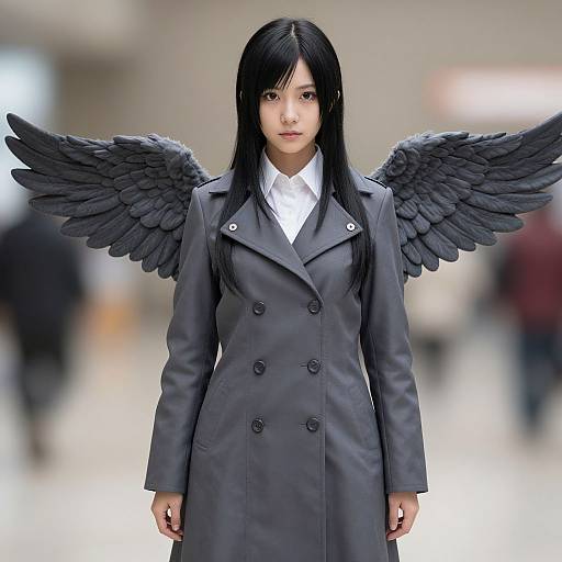 Photograph of an Asian woman with long black hair, wearing a gray double-breasted coat and black angel wings, standing in a blurred indoor setting.