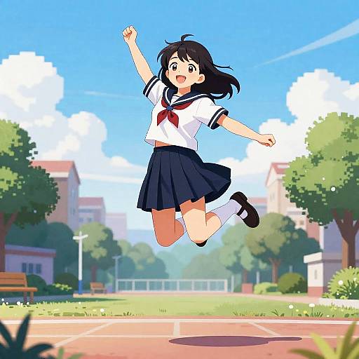 Pixel Art Joyful Schoolgirl Jumping Morning