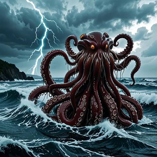 Giant Octopus in Stormy Ocean