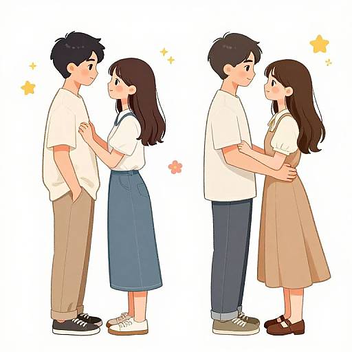 Anime-style digital drawing of two young couples standing and holding hands, wearing casual clothes, with soft pastel colors and star accents.
