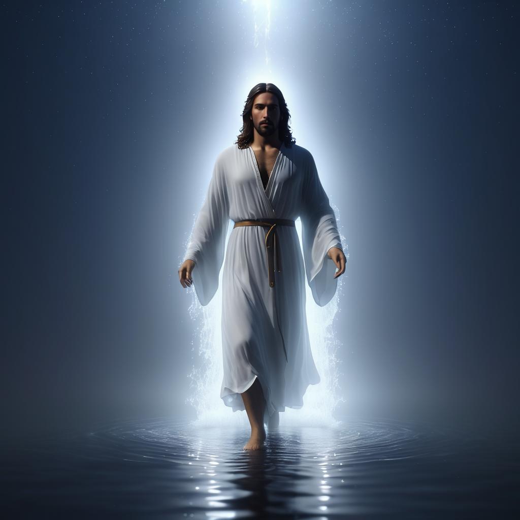 Jesus Walking on Water in Foggy Night