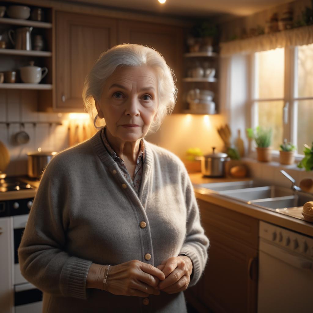 Hyper-Realistic Elderly Woman in Cozy Kitchen