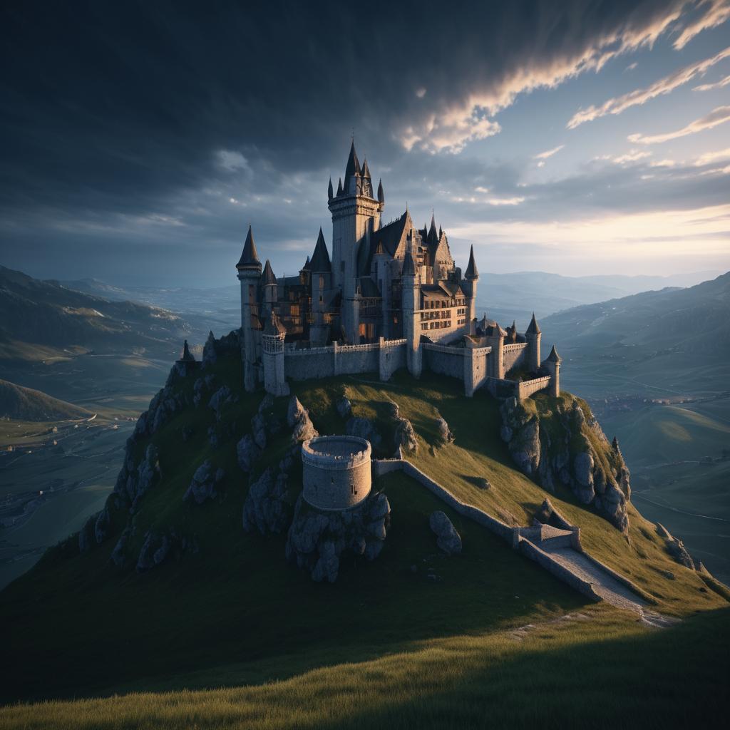 Hyperrealistic Mountain Castle at Dusk