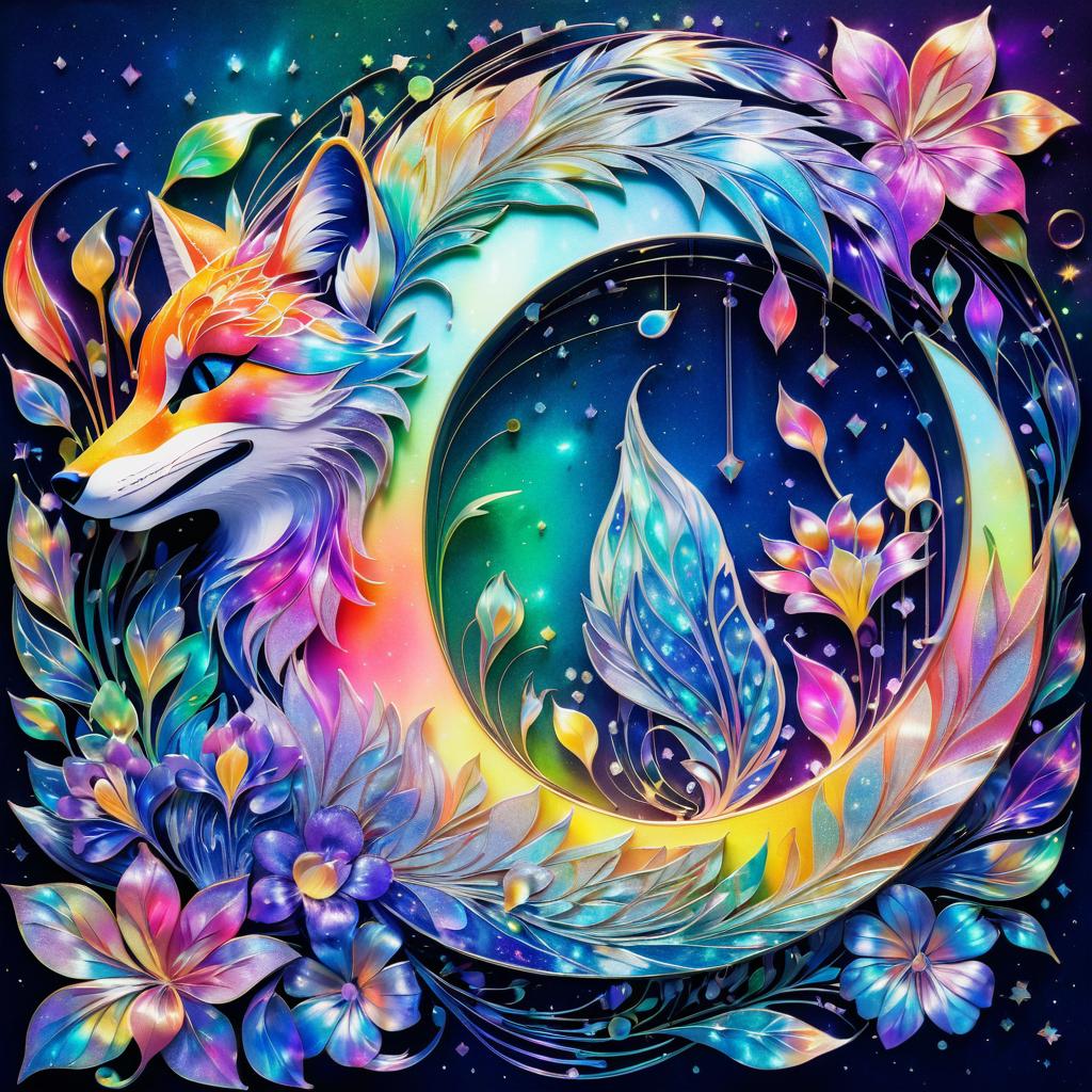 Vibrant Iridescent Fox Art Nouveau