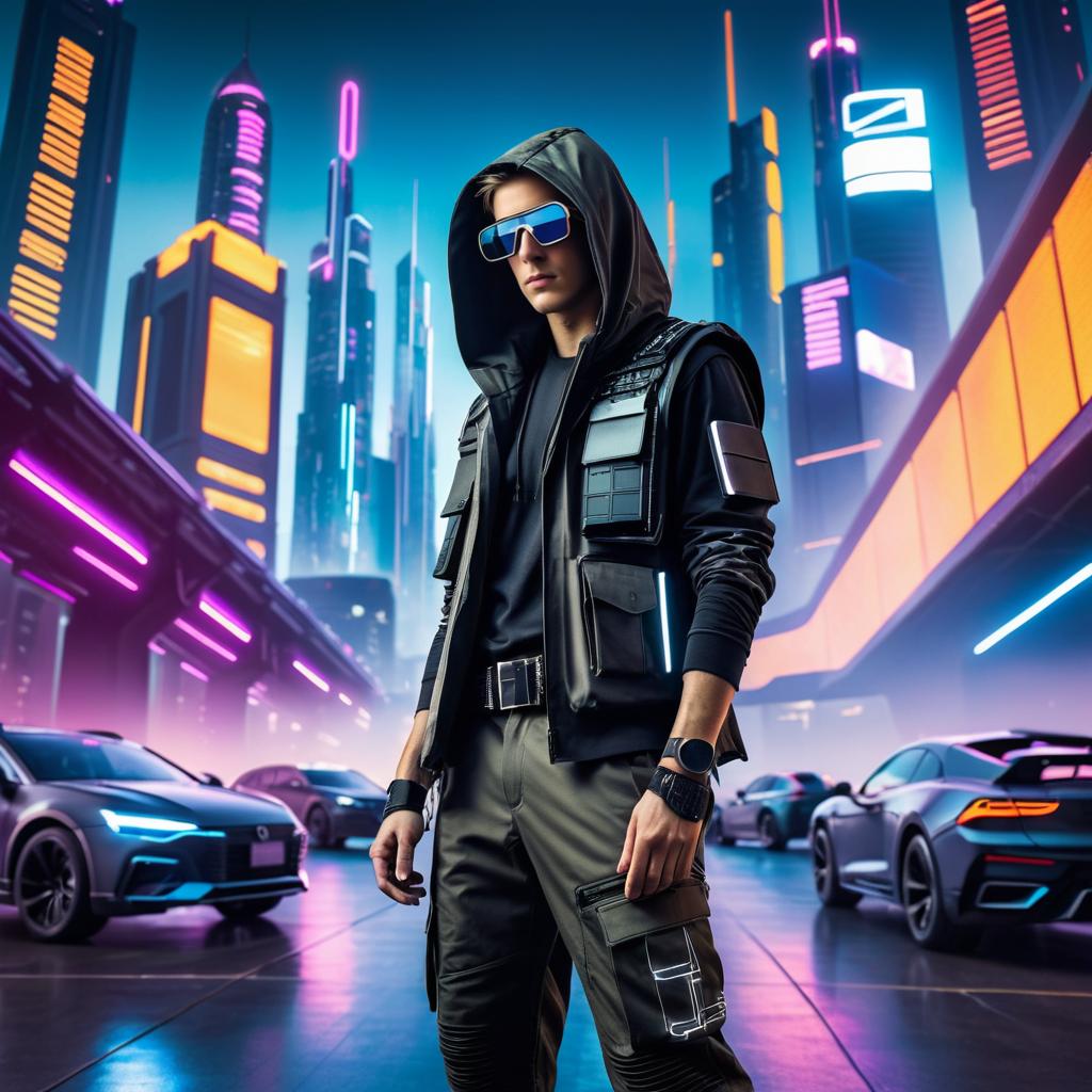 Futuristic Cyberpunk Hacker in Urban Setting