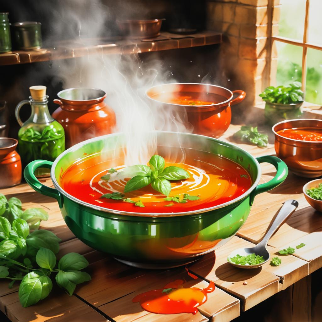 Warm Soup with Spices in Rustic Kitchen