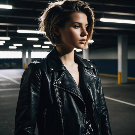 Fashion Model with Wolf Cut Hairstyle in Leather Jacket
