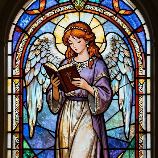 Vibrant stained glass window depicting an angelic woman with red hair, white dress, and purple robe, reading a book with large wings, surrounded