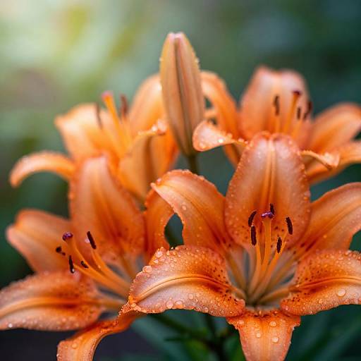 Photograph of vivid orange lilies with droplets of water on petals, dark red stamens, and a softly blurred green background.