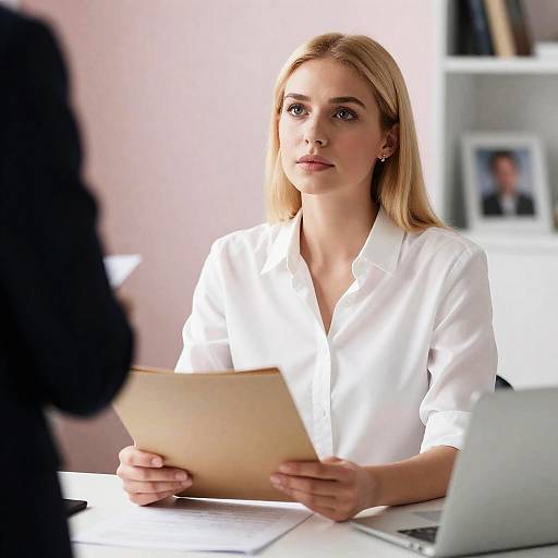 Blonde Woman Holding Folder at Desk