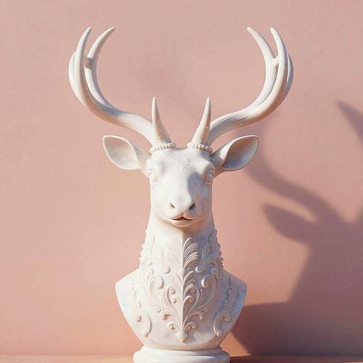 Photograph of a white, ornate, ceramic deer bust with intricate floral patterns, large antlers, and a soft pink background.