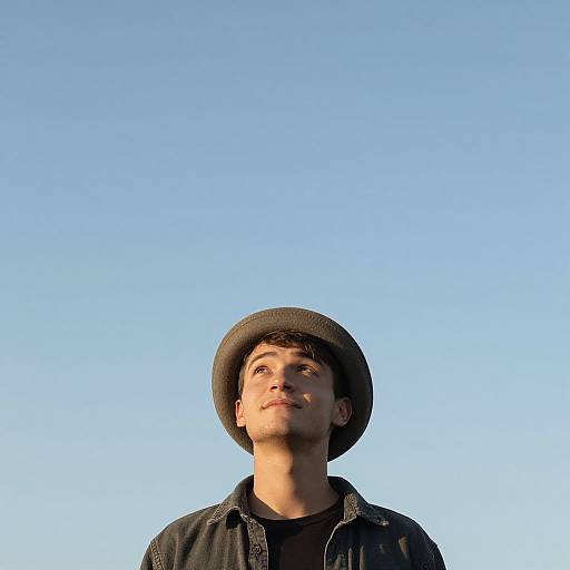 Photograph of a young man with light skin, brown hair, and a gray hat, wearing a black shirt, looking upward against a clear blue sky
