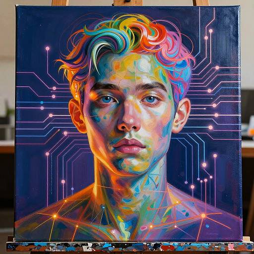 Vibrant digital painting of a young man with multicolored, neon hair and face, against a dark, circuitry-patterned background. Bright