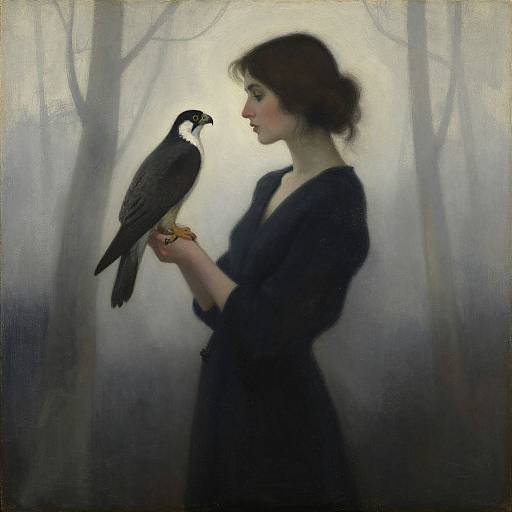 Mysterious portrait painting of a pale-skinned woman with dark hair, in a black dress, gently holding a blackbird in a foggy forest.