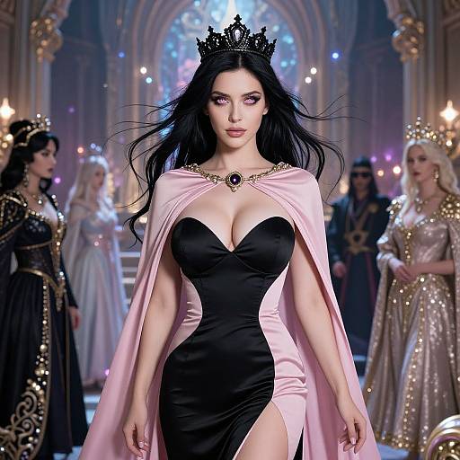 Photorealistic digital image of a dark-haired, fair-skinned queen with a black crown, black and pink form-fitting dress, and pink cape