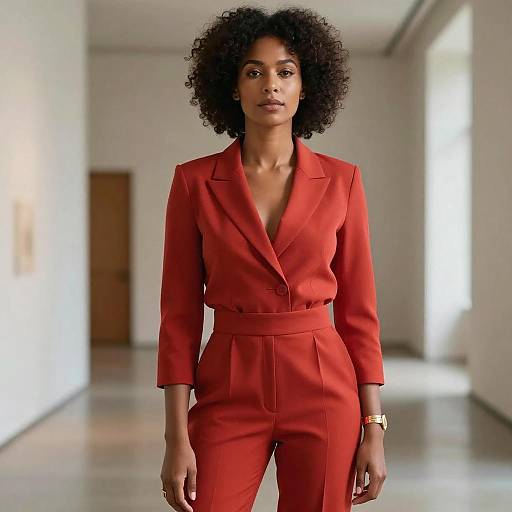 Photograph of a confident Black woman with natural afro hair, wearing a vibrant red, tailored blazer and pants, standing in a bright, minimal