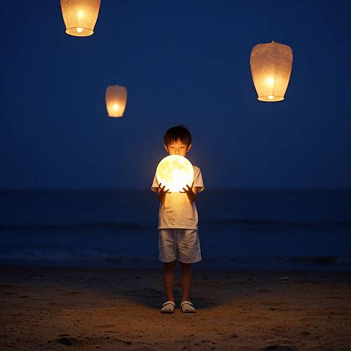 Child with Glowing Orb on Dreamy Beach