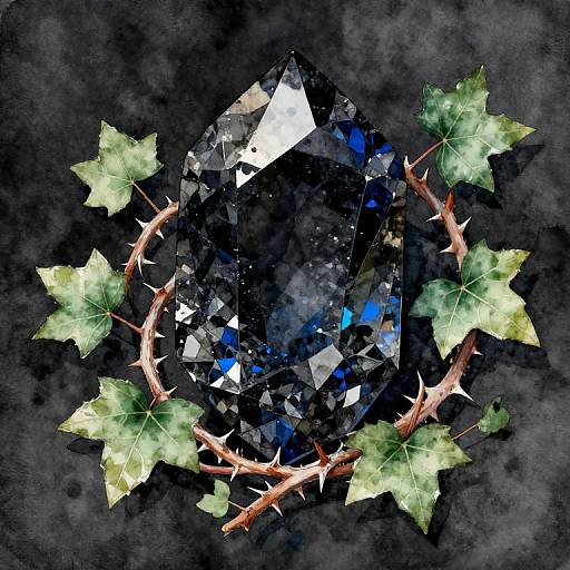 Digital artwork of a faceted black diamond with blue highlights, surrounded by green ivy leaves and thorny vines on a dark, textured background.