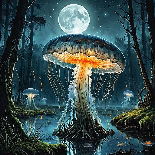 Giant Bioluminescent Jellyfish in Swamp