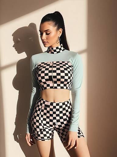 Woman in Checkerboard Two-Piece Outfit