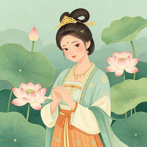 Digital illustration of an Asian woman with black hair in a bun, wearing traditional blue and orange kimono, praying among pink lotus flowers and large green