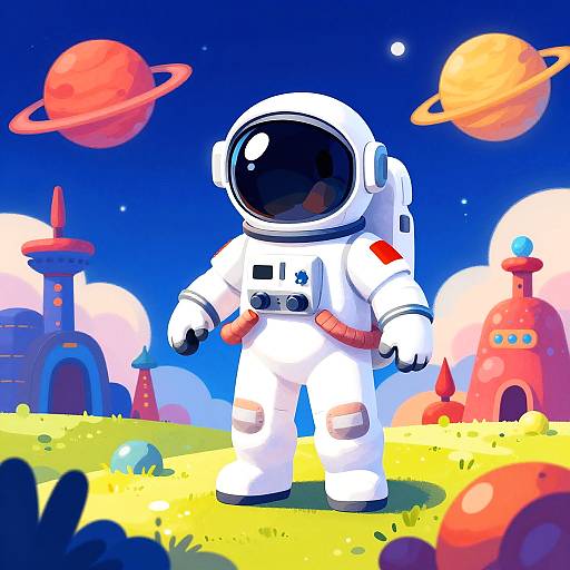 Digital cartoon of a white astronaut with a black visor standing on bright yellow grass, surrounded by colorful planets and buildings in a vibrant, blue sky.