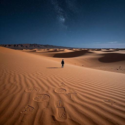 Photograph of a lone figure standing in a vast, rippled desert under a starry, Milky Way-lit night sky. Sand dunes stretch