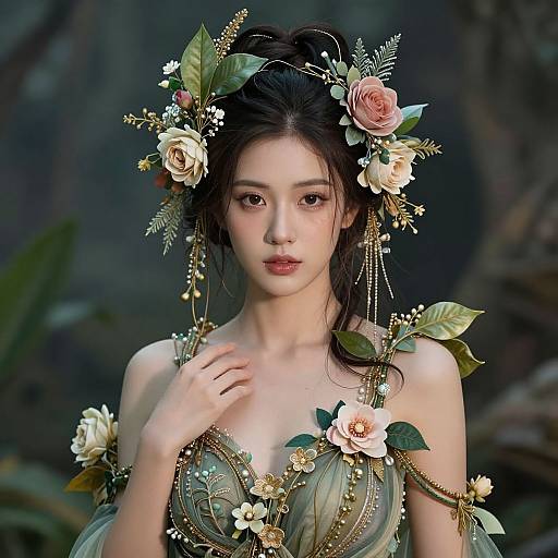 Mystical Nature Goddess with Floral Adornments