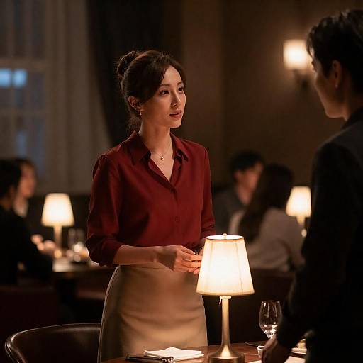 Woman Holding Lamp in Dim Restaurant