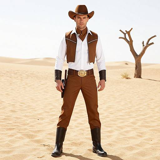 Photograph of a Caucasian man in Western cowboy attire, standing in a desert with a barren tree, wearing a brown hat, white shirt, brown vest