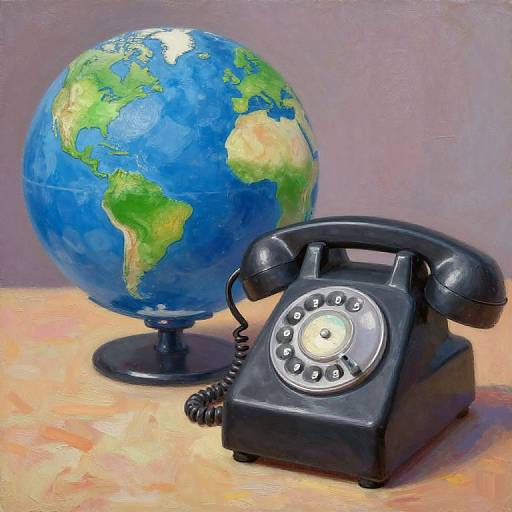 Photograph of a vintage black rotary phone beside a colorful, detailed globe with green continents and blue oceans on a wooden surface.