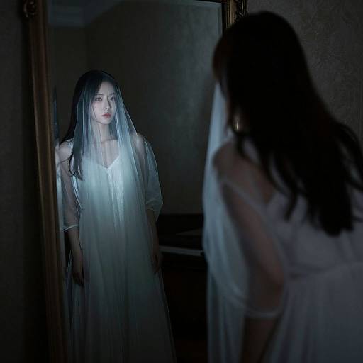 Photograph of an Asian woman with long black hair, wearing a sheer white nightgown and veil, gazing at her reflection in a dimly