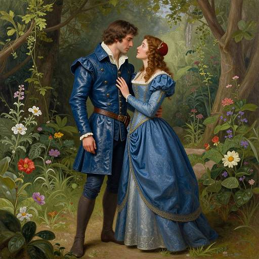 Romantic painting of a curly-haired man in blue leather tunic and brown boots, and a woman in blue, embroidered gown, standing in a lush