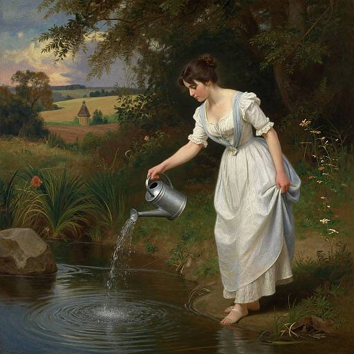 Victorian-era painting: Fair-skinned woman in white dress pours water from silver pitcher into tranquil pond, surrounded by lush greenery and distant countryside.