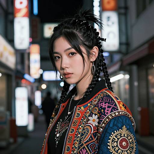 Photograph of an Asian woman with braided hair, wearing an intricately embroidered colorful jacket, standing in a brightly lit, neon-lit urban street