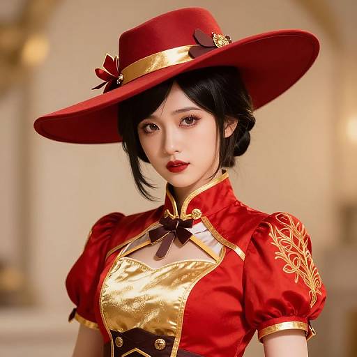 Woman in Red and Gold Outfit