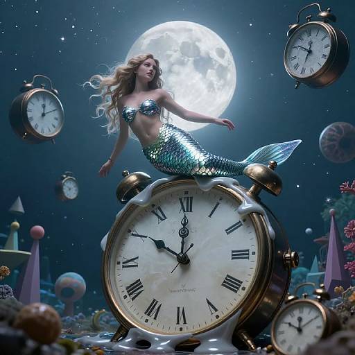 Photorealistic CGI of a shimmering mermaid with flowing blonde hair, posing on a large clock, surrounded by floating clocks under a full moon,