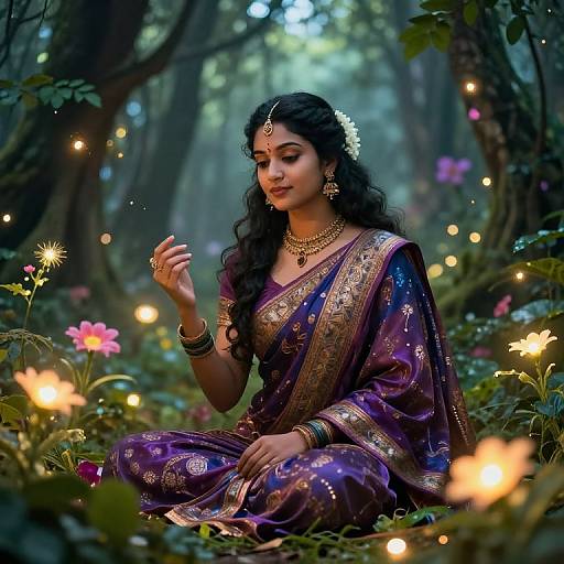 Photorealistic digital art: Indian woman in a purple sari with gold embroidery, adorned with jewelry, sits in a magical forest, surrounded by glowing