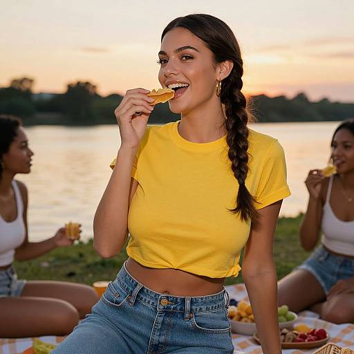 Photograph: Young woman with long braided hair, yellow crop top, and high-waisted jeans, joyfully eating a popsicle at sunset