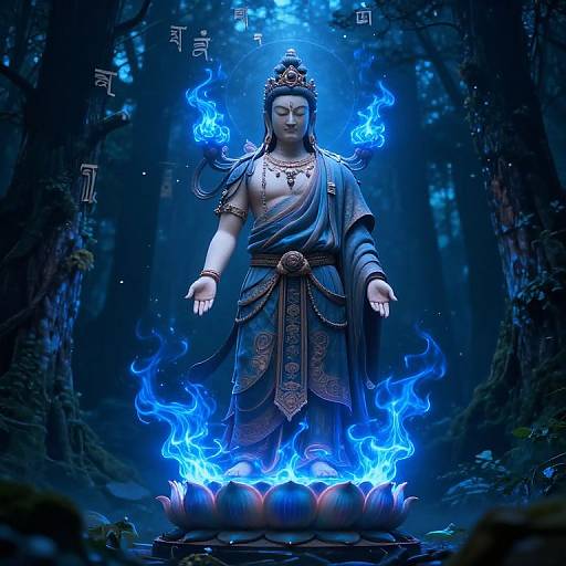 Photograph of a blue-robed, serene Buddha statue with glowing blue flames surrounding its base, standing in a dark, mystical forest.
