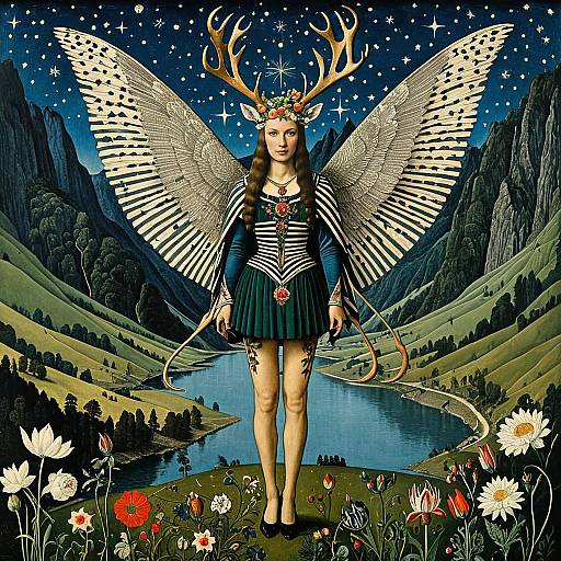 Fantasy Woman with Wings and Antlers in Mountain Valley