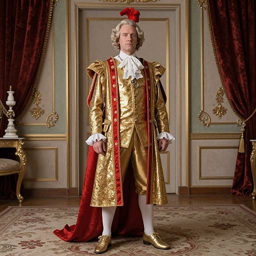 Photograph of a white, 18th-century aristocrat in a gold and red embroidered coat, white cravat, white stockings, and gold