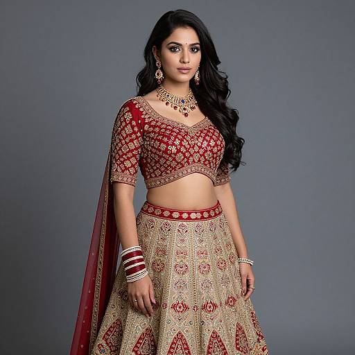 Photograph of a beautiful South Asian woman with long black hair, wearing a red and gold traditional lehenga, crop top, and ornate jewelry,