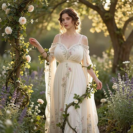 Photograph of a fair-skinned woman with brown hair in a white, floral off-shoulder dress, standing in a sunlit, flower-filled